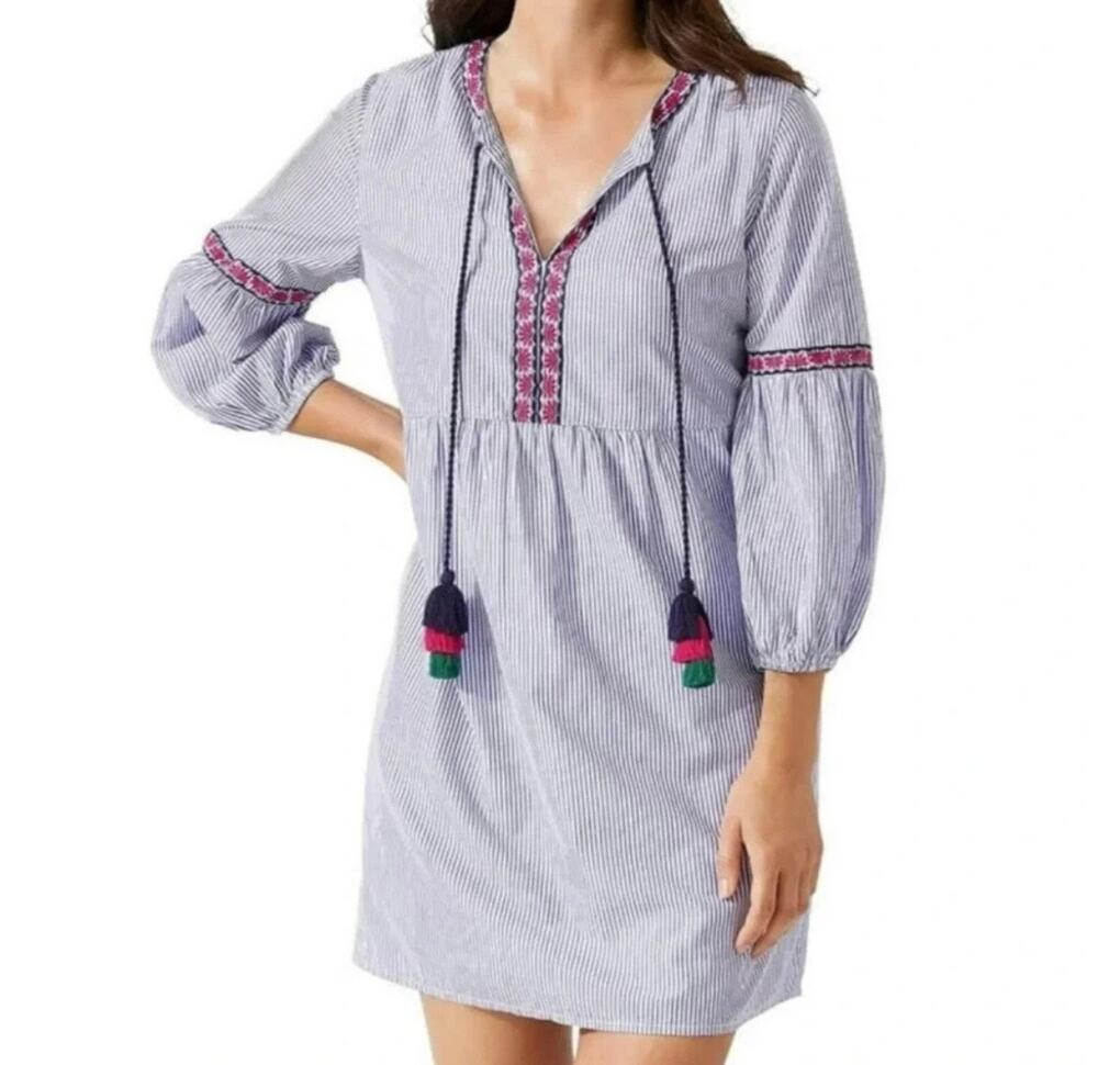 Tommy Bahama Embroidered Salina Poplin Split Neck Dress Sz XS Resort Boho Tassel